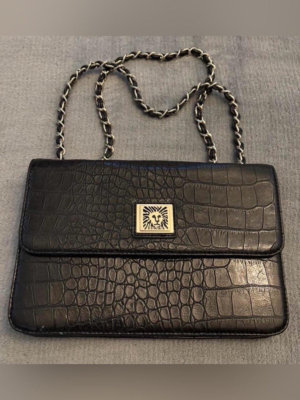 Vintage Anne Klein Black Croc-Embossed Chain Crossbody with Gold-Tone Logo
